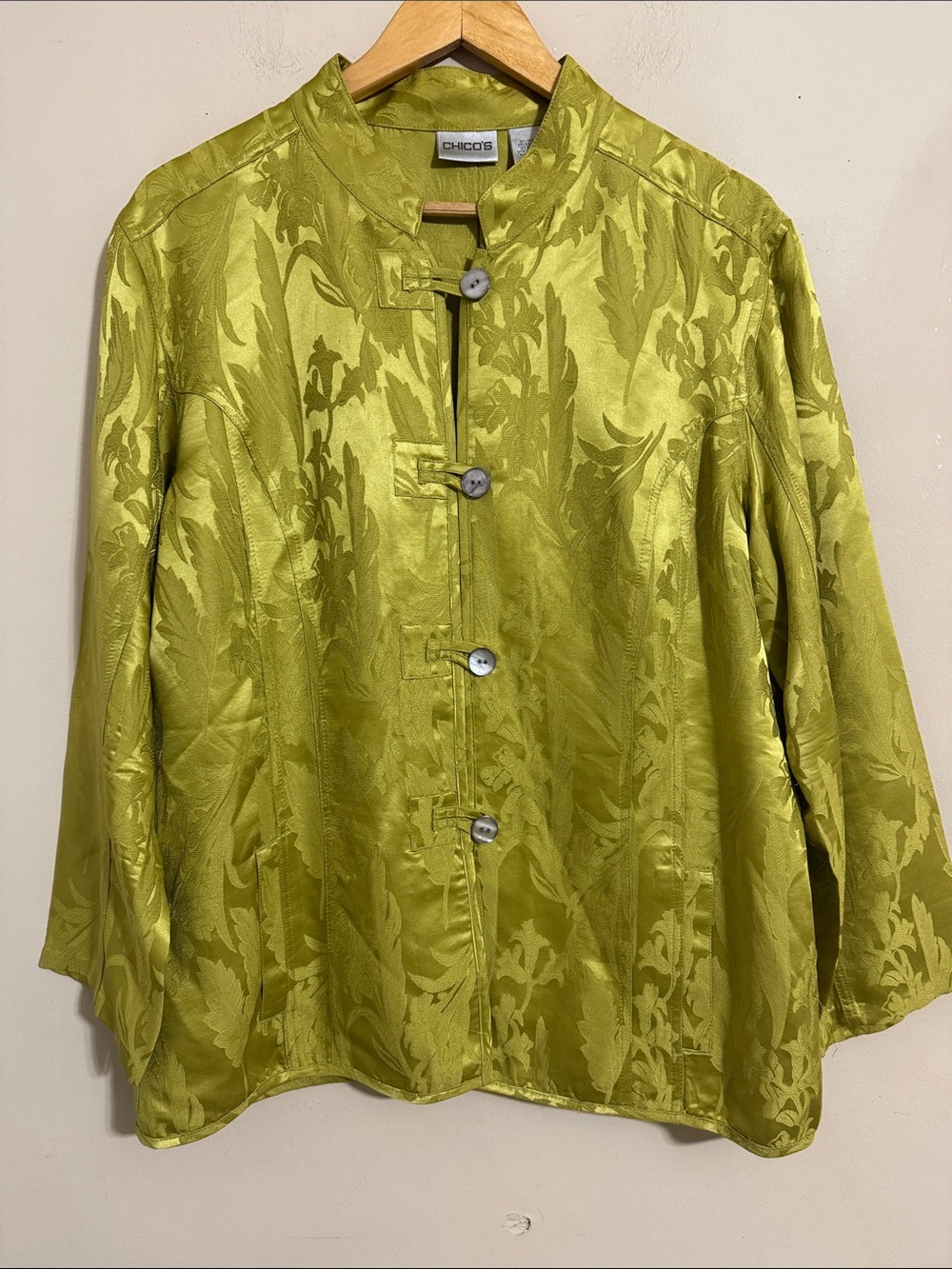 VTG Chico's Chartreuse Jacquard Silk Blend Asian Inspired Button-Front Jacket XL